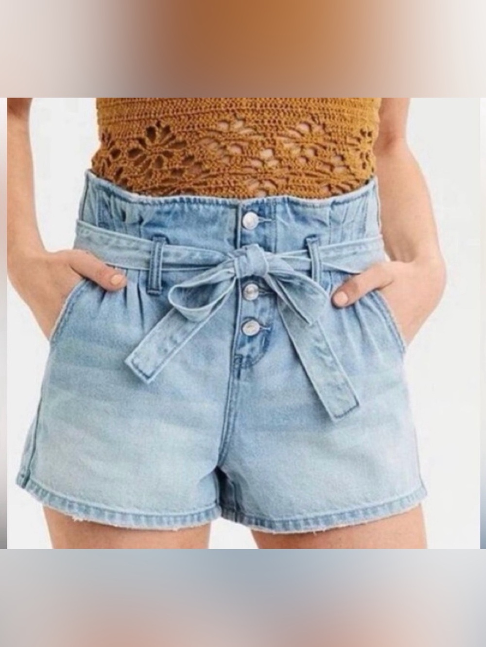 American Eagle High-Rise Light Blue Denim Paper Bag Tie-Waist Shorts